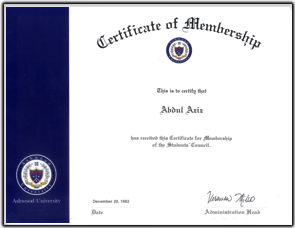 Certificate of Abdul Aziz - Member of Ashwood University USA