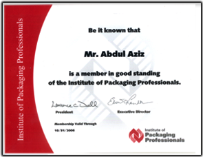 Certificate of Abdul Aziz - Member of Institute of Packaging Professionals